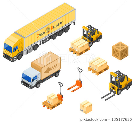Warehouse Storage and Delivery Isometric Icons Set Warehouse Storage and Delivery Isometric Icons Set 135177630
