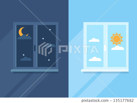 Day and night window cartoon vector concept stock. Day and night window cartoon vector concept stock. 135177682