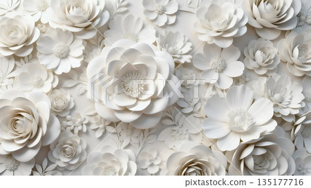 白色3D花卉背景：優雅的裝飾性花卉圖案壁紙 135177716