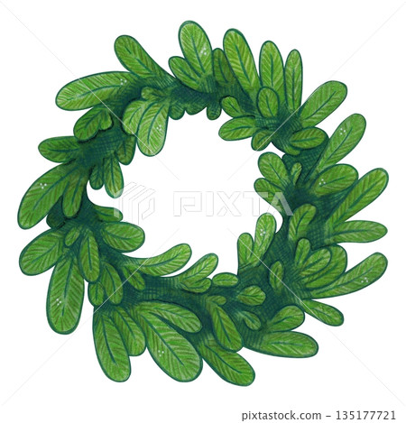 Christmas wreath made of fir branches. Hand-drawn watercolor illustration, cartoon. Design for stickers, cards, invitations. Holiday, green, element Christmas wreath made of fir branches. Hand-drawn watercolor illustration, cartoon. Design for stickers, cards, invitations. Holiday, green, element 135177721