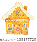 Gingerbread in the shape of a fairytale house. Hand-drawn watercolor illustration in a cartoon. Design for stickers, cards, and invitations. Holiday, element, food, treat 135177725