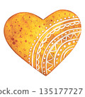 Heart-shaped gingerbread. Hand-drawn watercolor illustration in a cartoon. Design for stickers, cards, and invitations. Holiday, element, food, treat 135177727