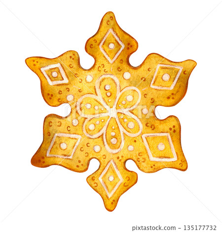 Gingerbread snowflake cookies. Hand-drawn watercolor illustration, cartoon. Design for stickers, cards, invitations. Holiday, element, food, treat 135177732