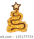 Christmas tree-shaped pretzel. Hand-drawn watercolor illustration in a cartoon. Design for stickers, cards, and invitations. Holiday, element, food, treat 135177733