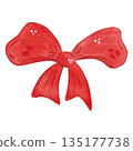 A festive red ribbon bow. Hand-drawn watercolor illustration in a cartoon. Design for stickers, cards, and invitations. Holiday element, decoration 135177738