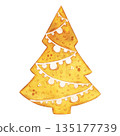 A gingerbread tree with a garland. Hand-drawn watercolor illustration in a cartoon. Design for stickers, cards, and invitations. Holiday, element, food, treat 135177739