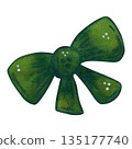 A festive green ribbon bow. Hand-drawn watercolor illustration in a cartoon. Design for stickers, cards, and invitations. Holiday element, decoration 135177740