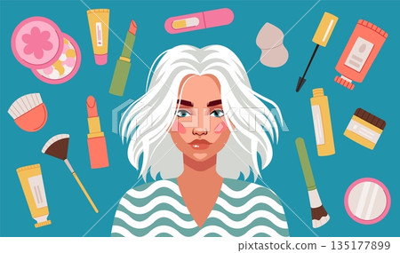 Woman makeup. Beauty cosmetics. Girl face. Skin moisturizing cream. Lipstick and mascara. Female portrait. Foundation and powder. Skincare products. Lotion bottle. Facial procedure. Vector concept 135177899