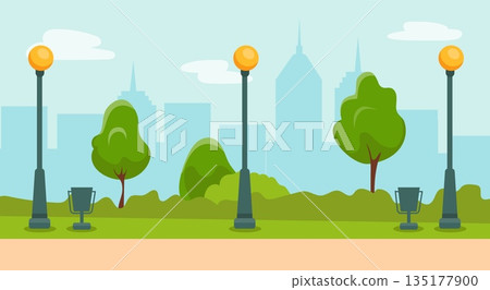 City park. Urban street garden with dustbin and light lamp. Summer landscape. Town skyline. Grass lawn. Plant trees and bushes. Forged flashlights. Public walkway. Vector empty cityscape background City park. Urban street garden with dustbin and light lamp. Summer landscape. Town skyline. Grass lawn. Plant trees and bushes. Forged flashlights. Public walkway. Vector empty cityscape background 135177900