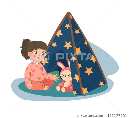 Cartoon kid playing in tent. Children games. Playground teepee. Plush toy rabbit. Adorable playful baby leisure in playhouse. Kindergarten playroom starry wigwam. Preschool girl fun. Vector concept Cartoon kid playing in tent. Children games. Playground teepee. Plush toy rabbit. Adorable playful baby leisure in playhouse. Kindergarten playroom starry wigwam. Preschool girl fun. Vector concept 135177901