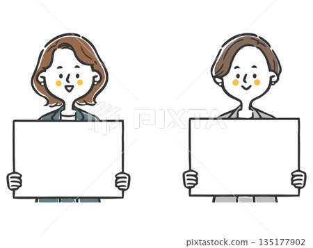 Career woman holding a whiteboard, upper body, vector 135177902