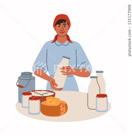 Local farm. Farmer selling milk at stall. Female at market kiosk. Milkman booth shop. Organic food. Natural farming dairy products. Woman with cottage cheese and sour cream bottles. Vector concept 135177906