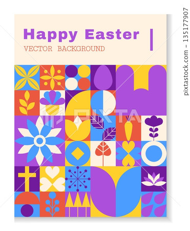 Happy Easter background. Spring holiday celebration poster. Abstract geometric card, seasonal greeting design. Rabbit and egg. Typography template. Vector cartoon flat style isolated illustration 135177907