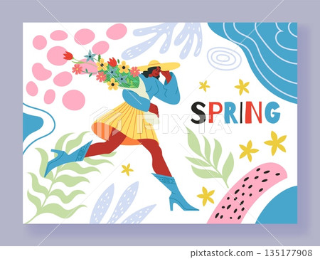 Spring banner. Happy young woman walking. Flower bouquet. Attractive girl carrying blossoms bunch. Abstract spots. Doodle color leaves. Glamour female character hurrying. Vector seasonal background 135177908