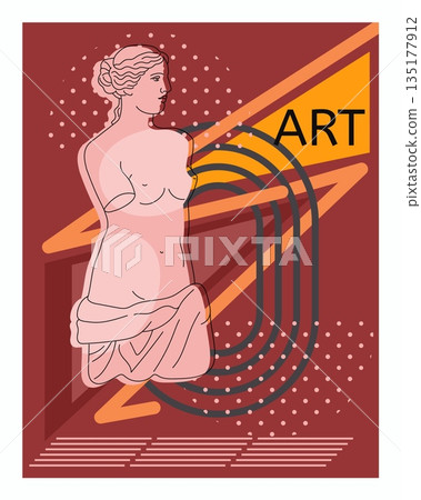 Art poster. Greek woman statue. Ancient marble sculpture. Contemporary collage. Antique artwork exhibition. Female goddess. Aphrodite gypsum body. Geometric and dotted shapes. Vector creative banner 135177912