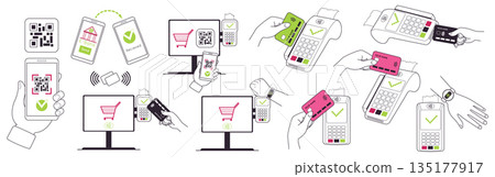 Contactless payment. Money transaction. Mobile bank. Credit card. Wireless finance transfer. Cashless POS terminal. Phone in hand QR code scanning. Cashier paying with smartwatch. Vector concepts set Contactless payment. Money transaction. Mobile bank. Credit card. Wireless finance transfer. Cashless POS terminal. Phone in hand QR code scanning. Cashier paying with smartwatch. Vector concepts set 135177917