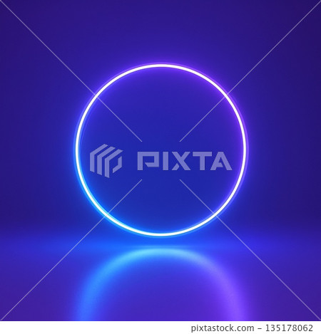 The neon circle emits a bright glow on a purple-blue background. The neon circle emits a bright glow on a purple-blue background. 135178062