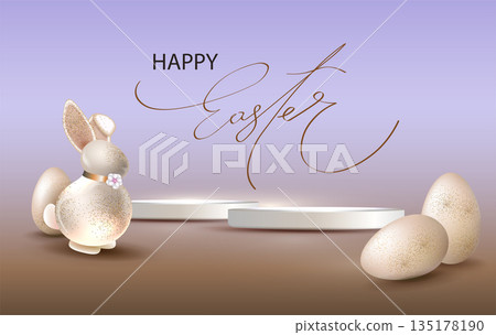 Happy Easter. Festive illustration with a podium, Easter eggs, and a bunny 135178190