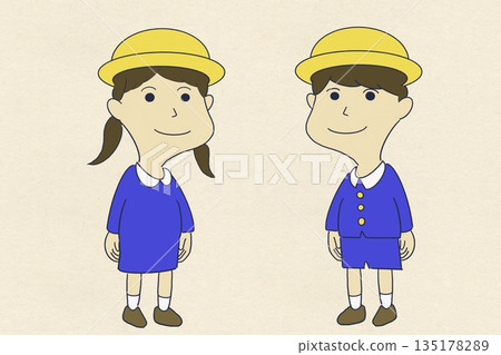 Illustration of smiling kindergarteners with a Japanese paper background for kindergarten entrance, attendance, and graduation 135178289