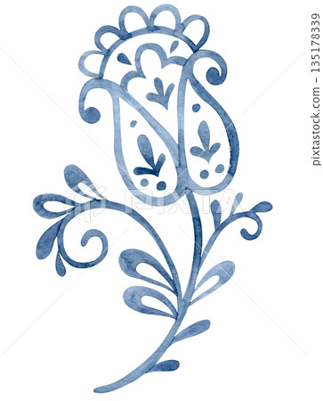 Folk floral ornament. Blue oriental style patterns, flowers, and paisley. 135178339