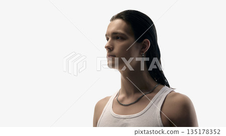 Man portrait looking forward in studio on white background. Man portrait looking forward in studio on white background. 135178352