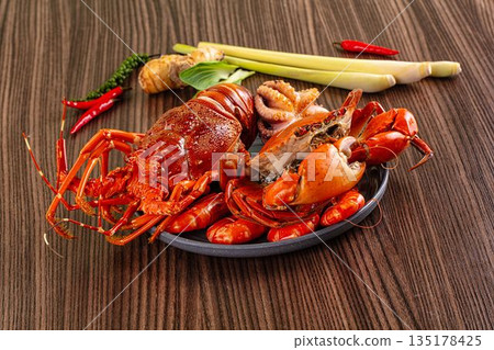 Seafood plate - lobster, crab, prawm octopus 135178425