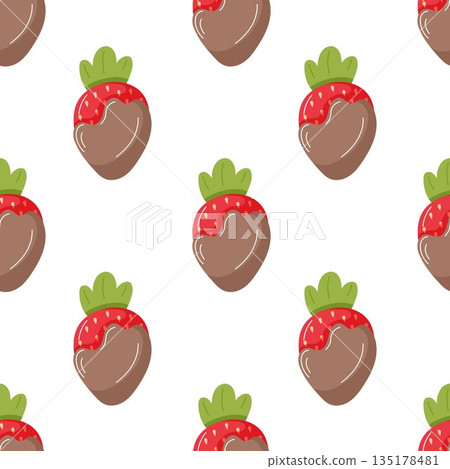 Fresh strawberry with chocolate dipped seamless pattern in flat style. Design for dessert cafe package. 135178481