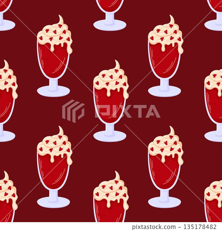 Drink with dessert seamless pattern with creamy topping and red heart in flat style. Background design for Valentine Day, celebration, romance and festive food illustration. Drink with dessert seamless pattern with creamy topping and red heart in flat style. Background design for Valentine Day, celebration, romance and festive food illustration. 135178482