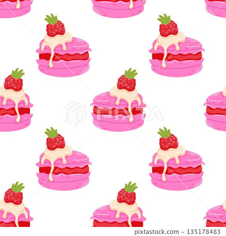 Seamless pattern with pink macaroon and raspberry on top in flat style. Valentine Day background for bakery card and cafe menu. 135178483
