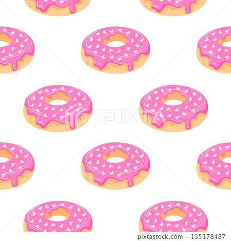 Pink frosted donut with heart shaped sprinkles seamless pattern in flat style. Wallpaper with dessert for Valentine Day, romantic holiday and sweet celebration. 135178487