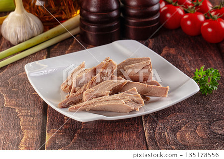 Canned tuna fish fillet pieces 135178556