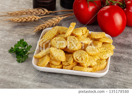 Crunchy croutons heap - roasted bread Crunchy croutons heap - roasted bread 135178580