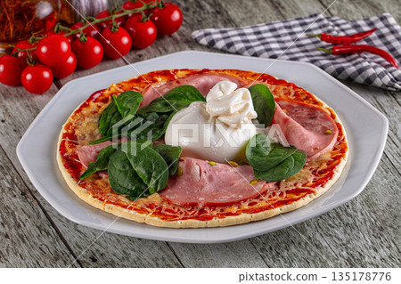 Pizza with mortadella and burrata Pizza with mortadella and burrata 135178776