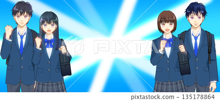 動漫風格的插圖,描繪了背著背包和書包的高中或初中男女學生。 動漫風格的插圖,描繪了背著背包和書包的高中或初中男女學生。 135178864