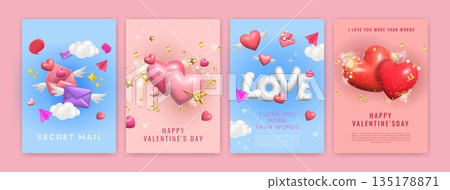 3d day love. Heart posters collection, Valentine gift. Birthday card, party decor minimal realistic isolated elements, template design gold, present shape. Happy holidays present. Vector background 3d day love. Heart posters collection, Valentine gift. Birthday card, party decor minimal realistic isolated elements, template design gold, present shape. Happy holidays present. Vector background 135178871