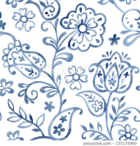 Seamless pattern with folk floral ornament. Blue oriental print, flowers, and paisley. Seamless pattern with folk floral ornament. Blue oriental print, flowers, and paisley. 135178900