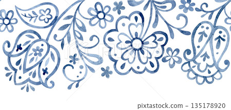 Seamless border with folk floral ornament. Blue oriental style frame, flowers, and paisley. 135178920