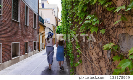 Two attractive women in panamas walking on the alley along the green wall Two attractive women in panamas walking on the alley along the green wall 135178969