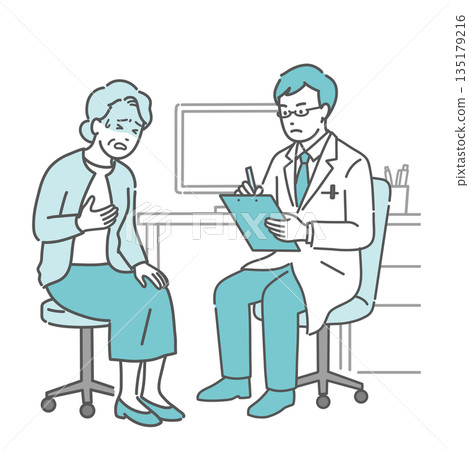 一位老年婦女抱怨身體不適，一位男醫師（白大褂，急診科，心臟科） 135179216