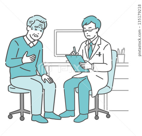 一位老年男子抱怨身體不適，一位男醫師（白大褂，急診科，心臟科） 135179218