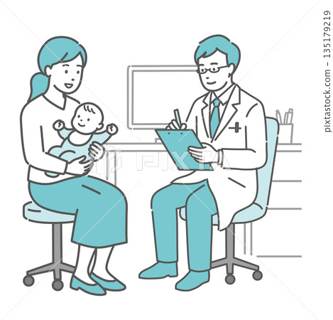 男醫師、家長和孩子（嬰兒，白大褂，兒科）正在進行醫療問診 135179219