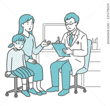 Medical interview of a sick girl and her mother (male doctor, white coat, pediatrics) Medical interview of a sick girl and her mother (male doctor, white coat, pediatrics) 135179224