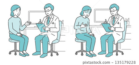 醫療問診及患病女病人場景（男醫生，白大褂） 135179228