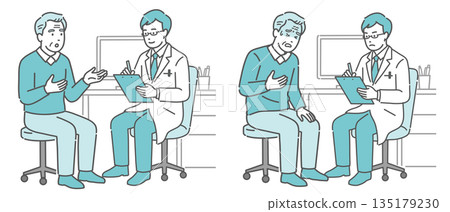 醫療訪談和患病老年男性場景（男醫生，白大褂） 135179230