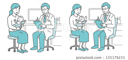 Medical interview and sick baby and mother set (male doctor in white coat) 135179231