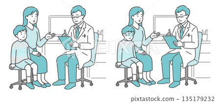 Medical interview and unwell boy and mother set (male doctor, white coat) 135179232