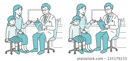 醫療問診及患病女孩及母親場景(男醫生,白大褂) 醫療問診及患病女孩及母親場景(男醫生,白大褂) 135179233
