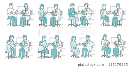 一群男醫生和形形色色的病人（身穿白大褂，各個年齡段，均為醫療專業人士） 135179235