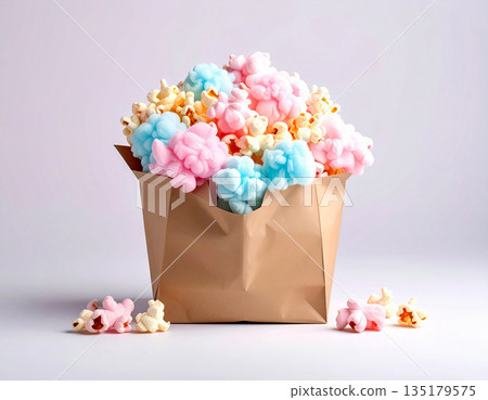 Mockup for cinematography content. Bright food for movie theaters. Popcorn and cotton candy in a paper bag. Mockup for cinematography content. Bright food for movie theaters. Popcorn and cotton candy in a paper bag. 135179575