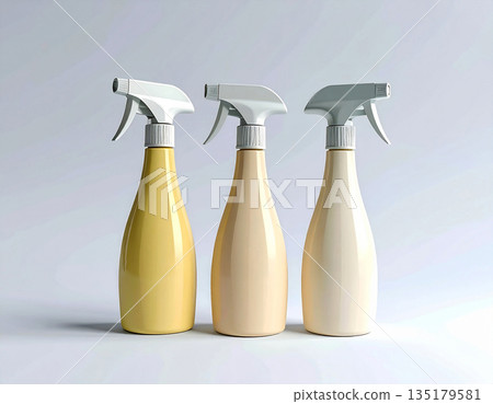 Brands need clean. Yellow sprays in a row. Disinfectant, glass cleaner, all-purpose surface cleaner. Mockup for branding cleaning product. Brands need clean. Yellow sprays in a row. Disinfectant, glass cleaner, all-purpose surface cleaner. Mockup for branding cleaning product. 135179581